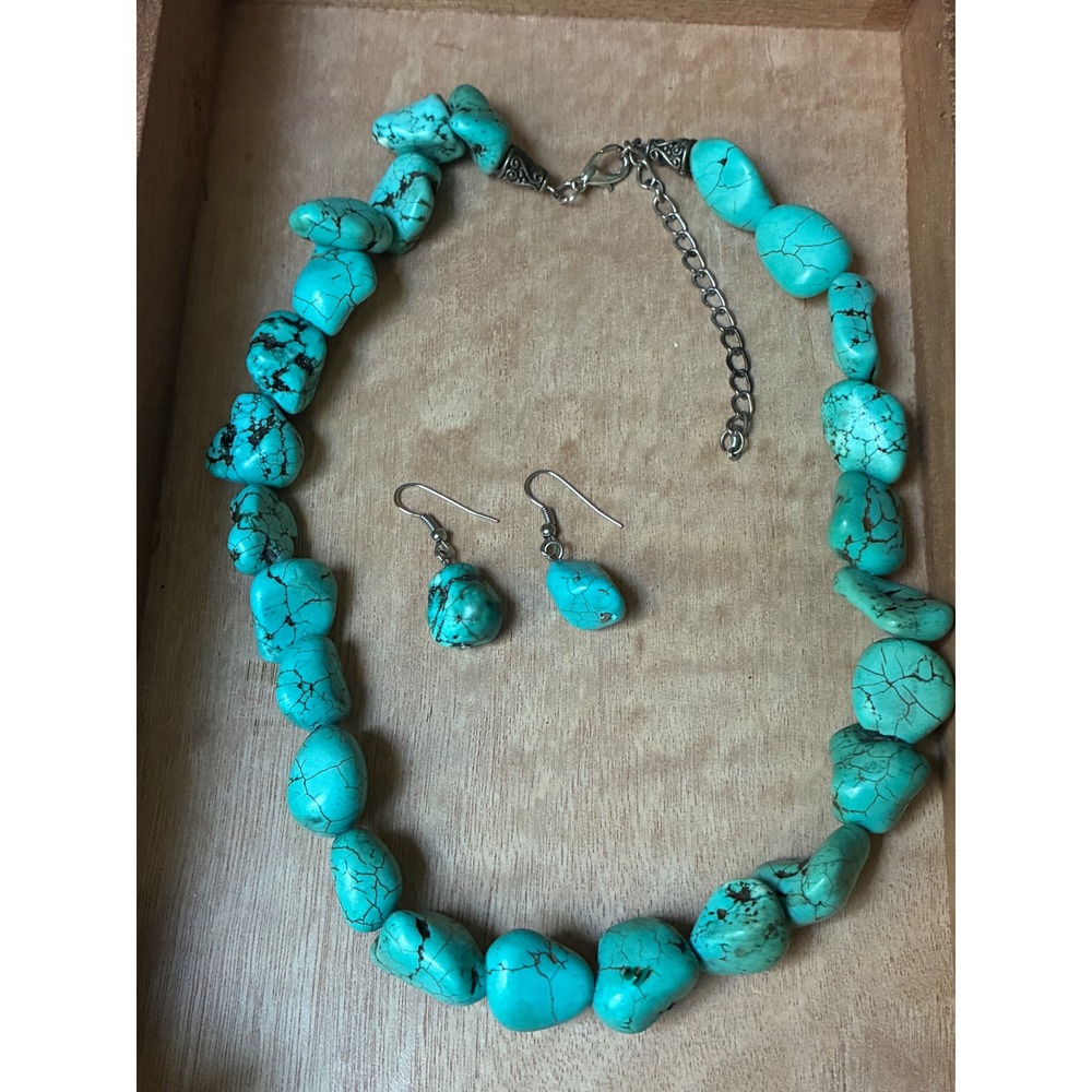 Turquoise Howlite Style Nugget Necklace Earrings Set Chunky Boho Southwest